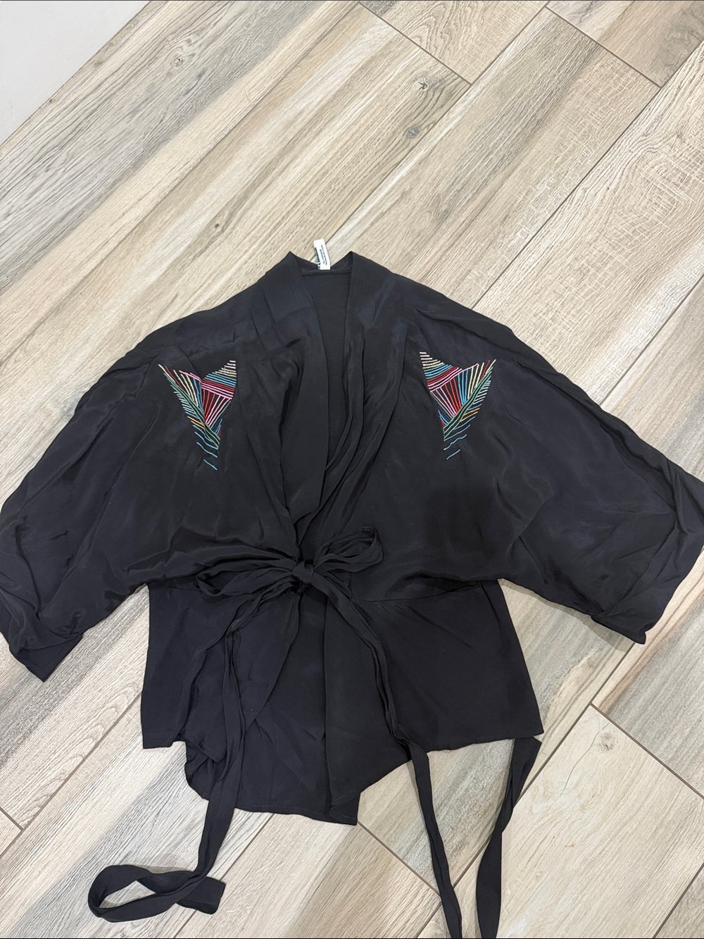 Black Tie-Front Kimono blouse with Multicolor Embroidery